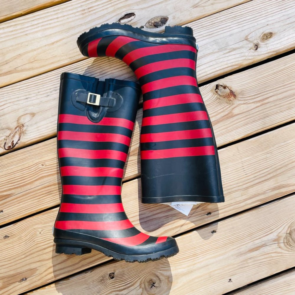 NWT Lillybee Black Red Striped Waterproof Rain Boots Women's  Size 6